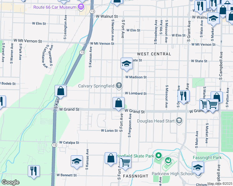 map of restaurants, bars, coffee shops, grocery stores, and more near 1350 West Lombard Street in Springfield