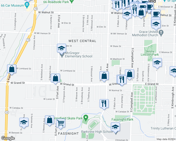 map of restaurants, bars, coffee shops, grocery stores, and more near 917 West Lombard Street in Springfield