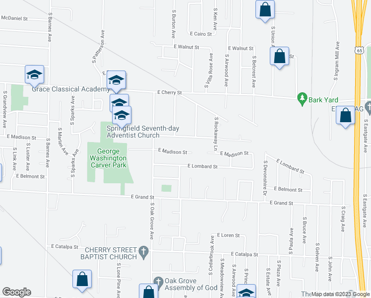 map of restaurants, bars, coffee shops, grocery stores, and more near 2717 East Madison Street in Springfield