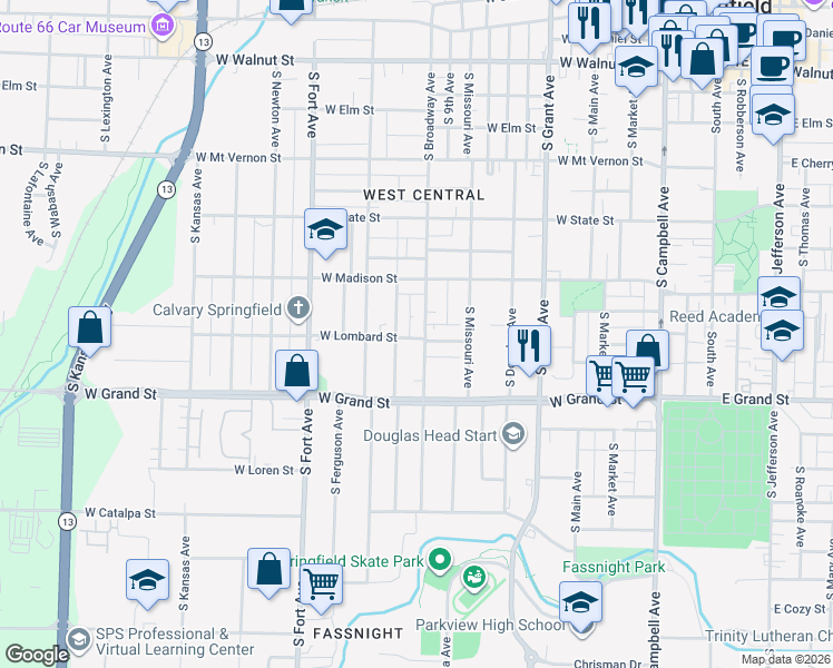 map of restaurants, bars, coffee shops, grocery stores, and more near 908 South Weaver Avenue in Springfield