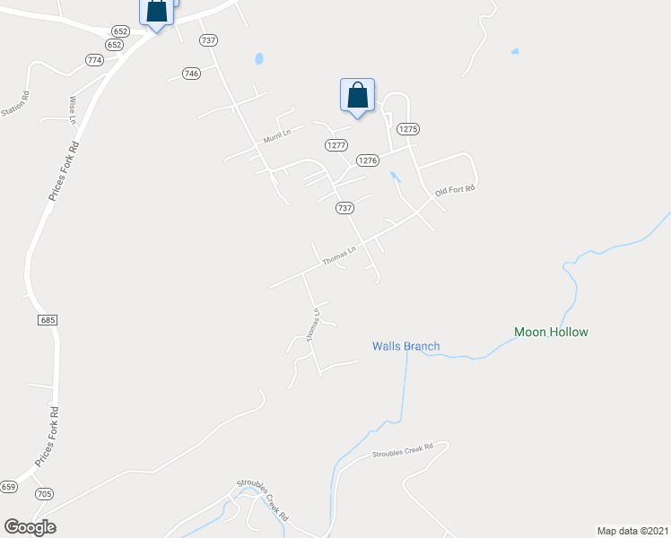 map of restaurants, bars, coffee shops, grocery stores, and more near 1176 Thomas Lane in Blacksburg
