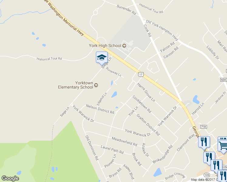 map of restaurants, bars, coffee shops, grocery stores, and more near 210 Edgehill Lane in Yorktown