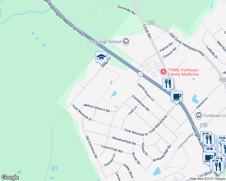 map of restaurants, bars, coffee shops, grocery stores, and more near 210 Edgehill Lane in Yorktown