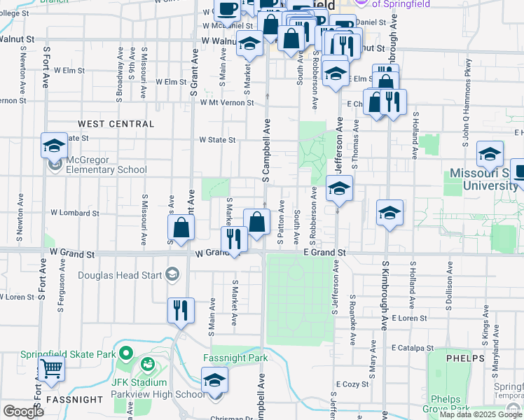 map of restaurants, bars, coffee shops, grocery stores, and more near 855 South Campbell Avenue in Springfield