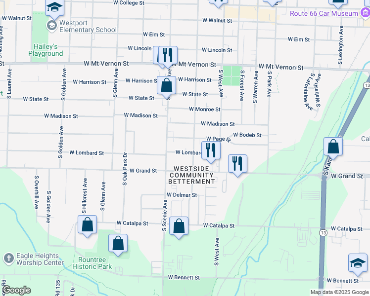 map of restaurants, bars, coffee shops, grocery stores, and more near 2632 West Lombard Street in Springfield