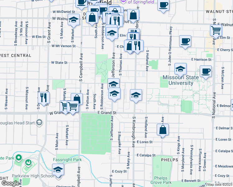 map of restaurants, bars, coffee shops, grocery stores, and more near 840 South Jefferson Avenue in Springfield