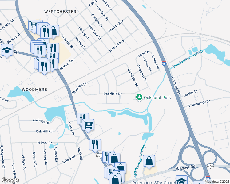 map of restaurants, bars, coffee shops, grocery stores, and more near 325 Deerfield Drive in Petersburg