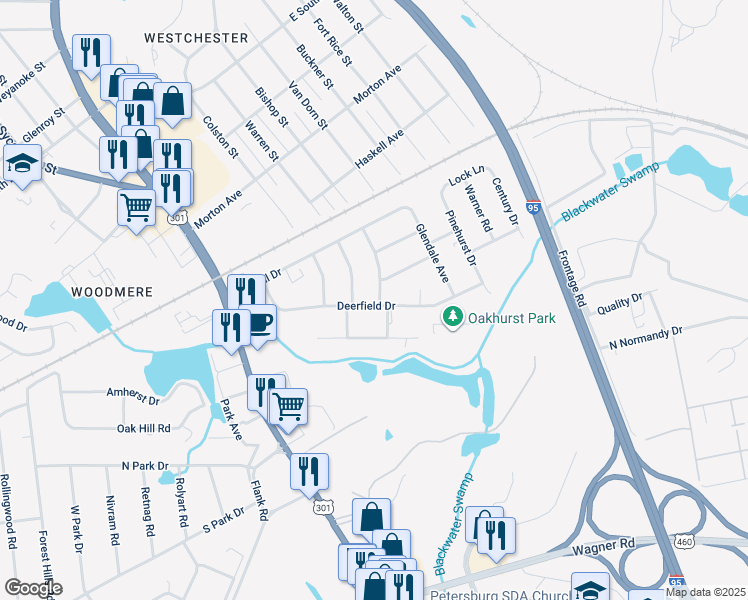 map of restaurants, bars, coffee shops, grocery stores, and more near 325 Deerfield Drive in Petersburg
