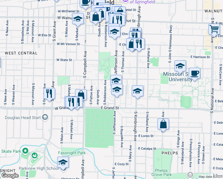 map of restaurants, bars, coffee shops, grocery stores, and more near 846 South Robberson Avenue in Springfield