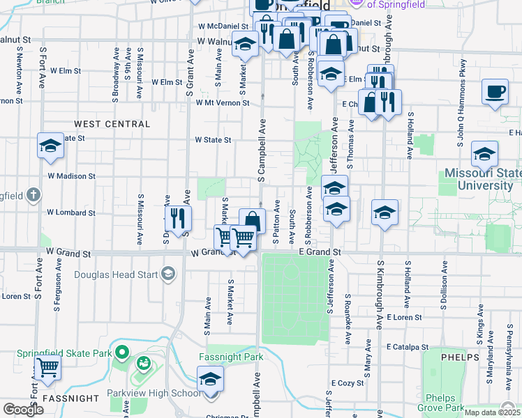 map of restaurants, bars, coffee shops, grocery stores, and more near 868 South Campbell Avenue in Springfield