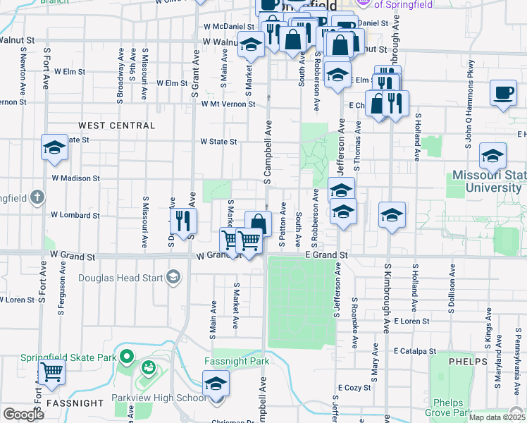 map of restaurants, bars, coffee shops, grocery stores, and more near 868 South Campbell Avenue in Springfield