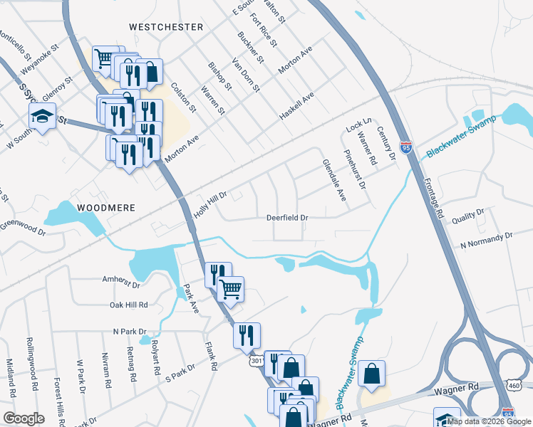 map of restaurants, bars, coffee shops, grocery stores, and more near 140 Deerfield Drive in Petersburg