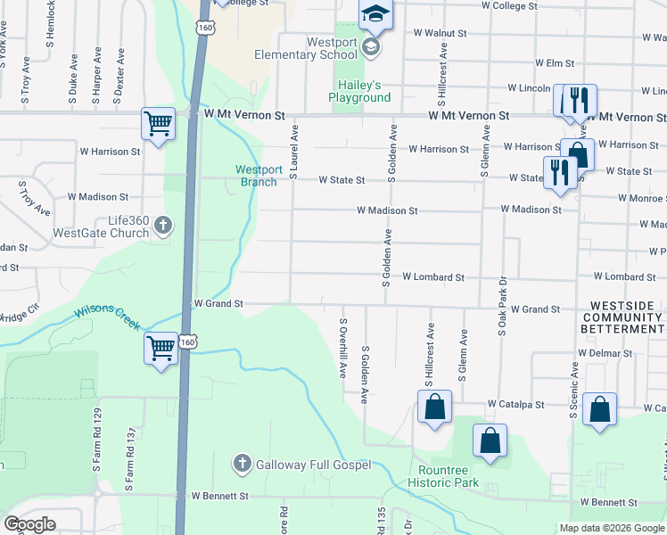map of restaurants, bars, coffee shops, grocery stores, and more near 3152 West Lombard Street in Springfield