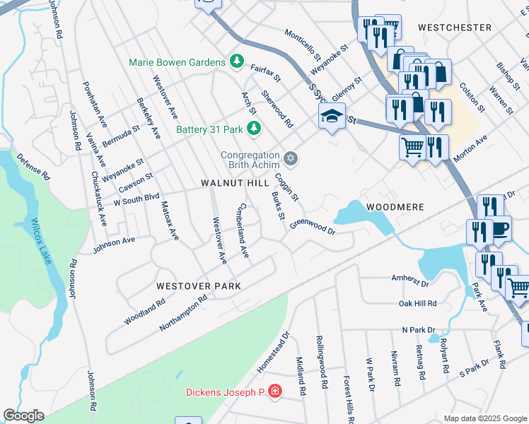 map of restaurants, bars, coffee shops, grocery stores, and more near 2004 Burks Street in Petersburg