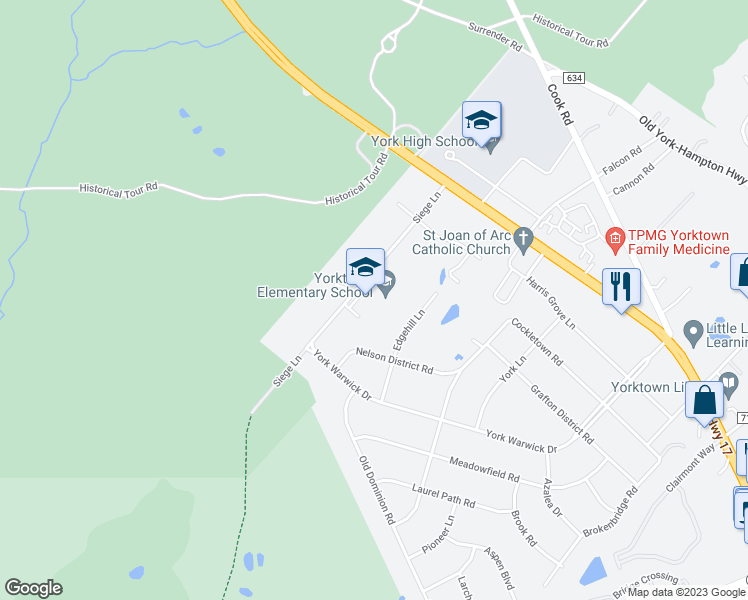 map of restaurants, bars, coffee shops, grocery stores, and more near 131 Siege Lane in Yorktown