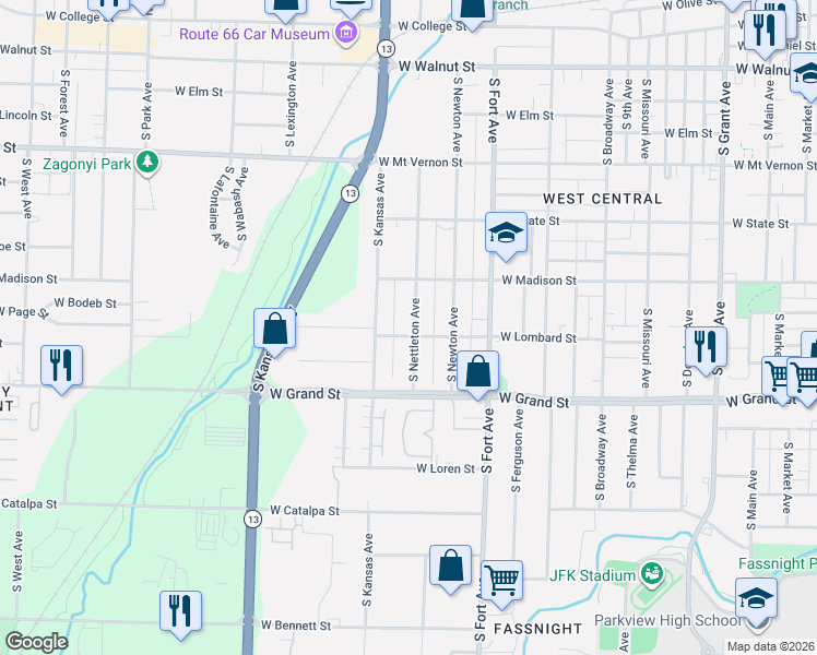 map of restaurants, bars, coffee shops, grocery stores, and more near 1530 West Lombard Street in Springfield