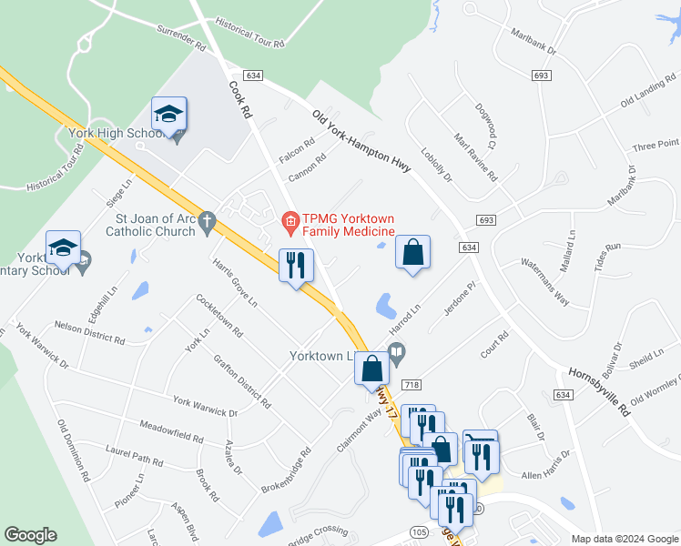 map of restaurants, bars, coffee shops, grocery stores, and more near 114 Cook Road in Yorktown