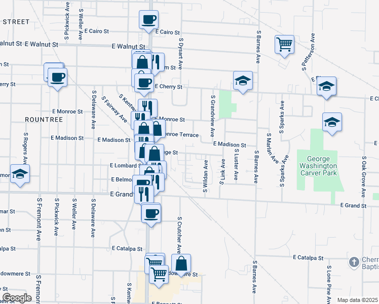 map of restaurants, bars, coffee shops, grocery stores, and more near 1920 East Page Street in Springfield