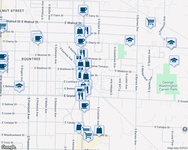 map of restaurants, bars, coffee shops, grocery stores, and more near 843 South Crutcher Avenue in Springfield