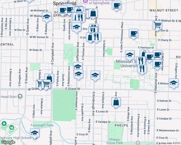 map of restaurants, bars, coffee shops, grocery stores, and more near 856 South Roanoke Avenue in Springfield