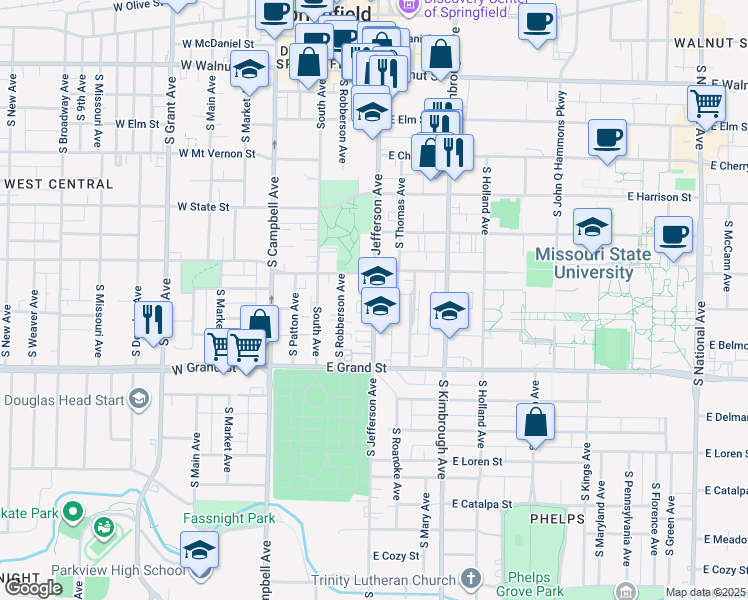 map of restaurants, bars, coffee shops, grocery stores, and more near 902 South Jefferson Avenue in Springfield