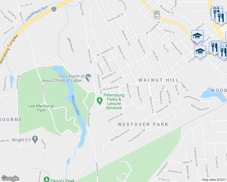 map of restaurants, bars, coffee shops, grocery stores, and more near 1911 Varina Avenue in Petersburg