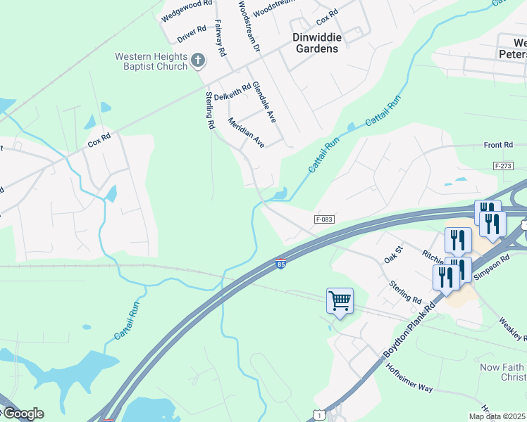map of restaurants, bars, coffee shops, grocery stores, and more near 5306 Sterling Road in Petersburg