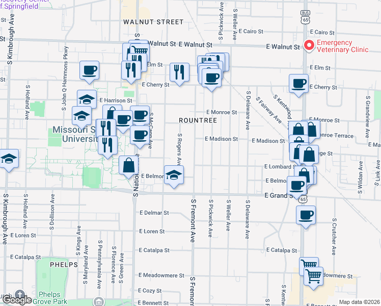 map of restaurants, bars, coffee shops, grocery stores, and more near 857 South Fremont Avenue in Springfield