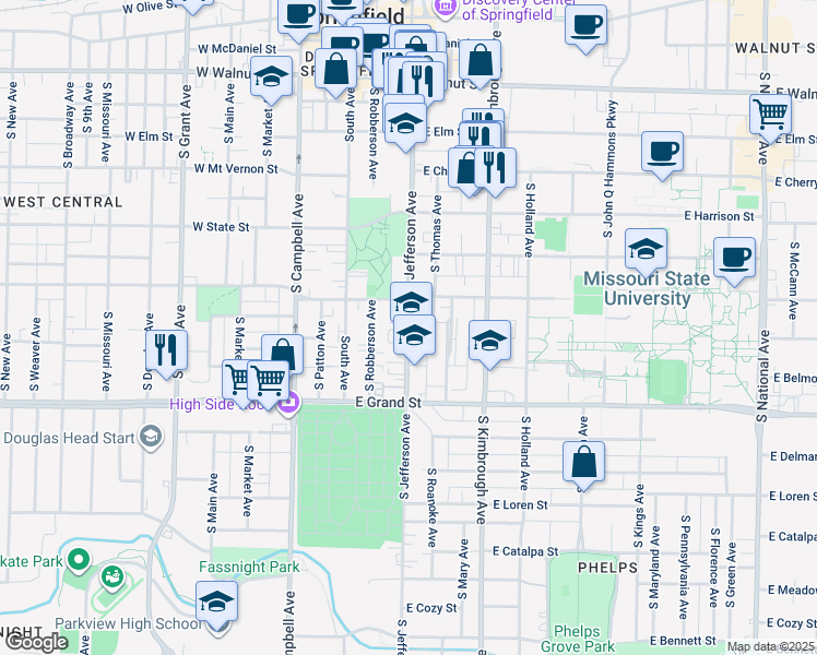 map of restaurants, bars, coffee shops, grocery stores, and more near 840 South Jefferson Avenue in Springfield