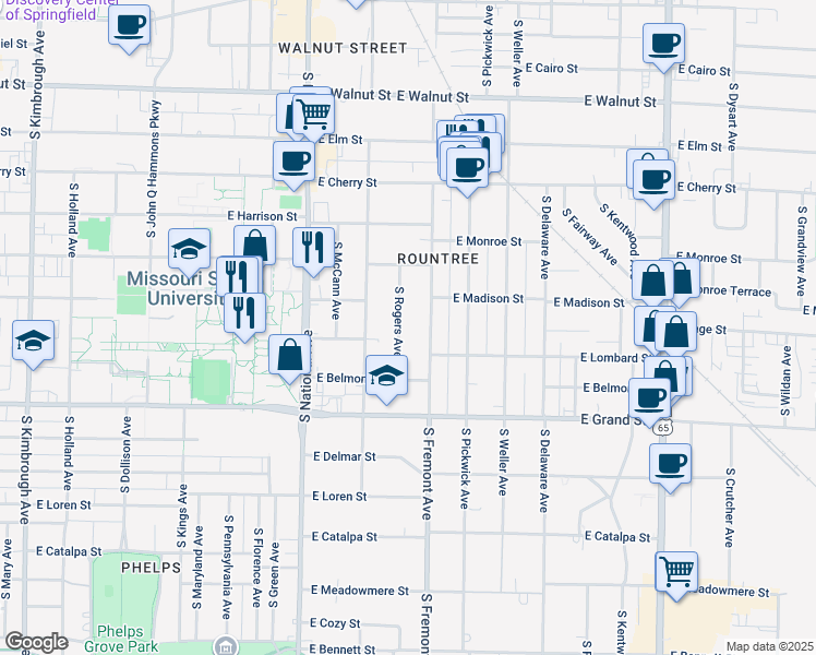 map of restaurants, bars, coffee shops, grocery stores, and more near 857 South Fremont Avenue in Springfield