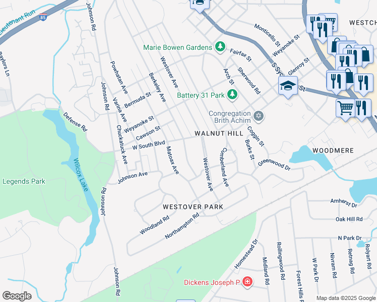 map of restaurants, bars, coffee shops, grocery stores, and more near 1909 Berkeley Avenue in Petersburg