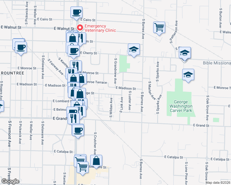 map of restaurants, bars, coffee shops, grocery stores, and more near 2020 East Page Street in Springfield