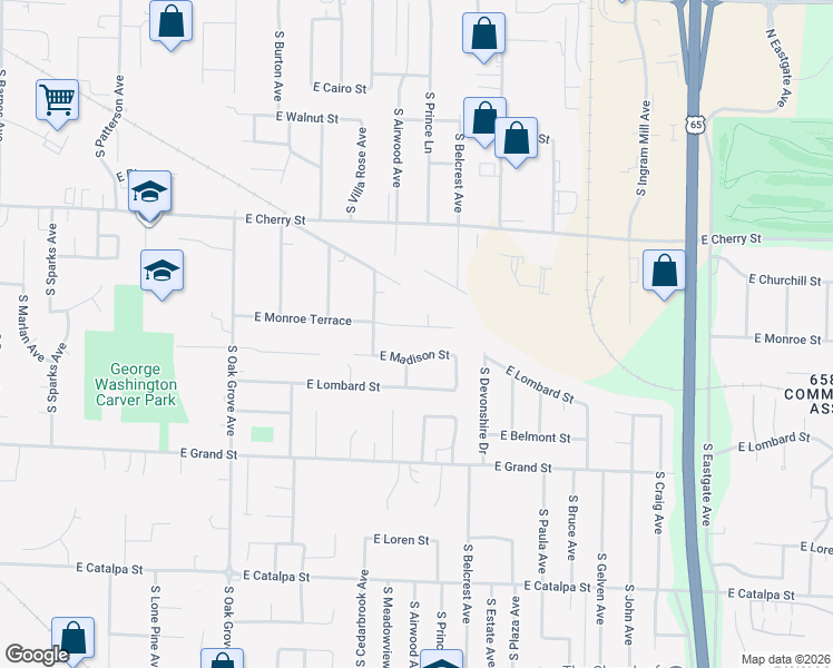 map of restaurants, bars, coffee shops, grocery stores, and more near 2900-2902 East Madison Street in Springfield