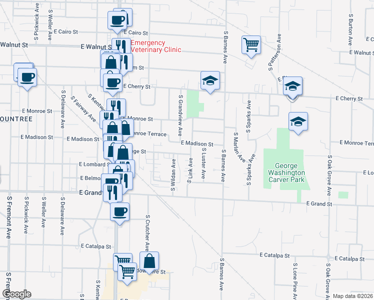map of restaurants, bars, coffee shops, grocery stores, and more near 748 South Grandview Avenue in Springfield