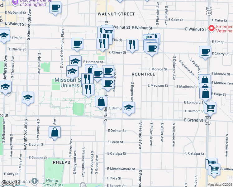 map of restaurants, bars, coffee shops, grocery stores, and more near 826 South McCann Avenue in Springfield