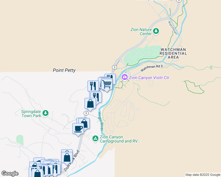 map of restaurants, bars, coffee shops, grocery stores, and more near 95 Zion Park Boulevard in Springdale