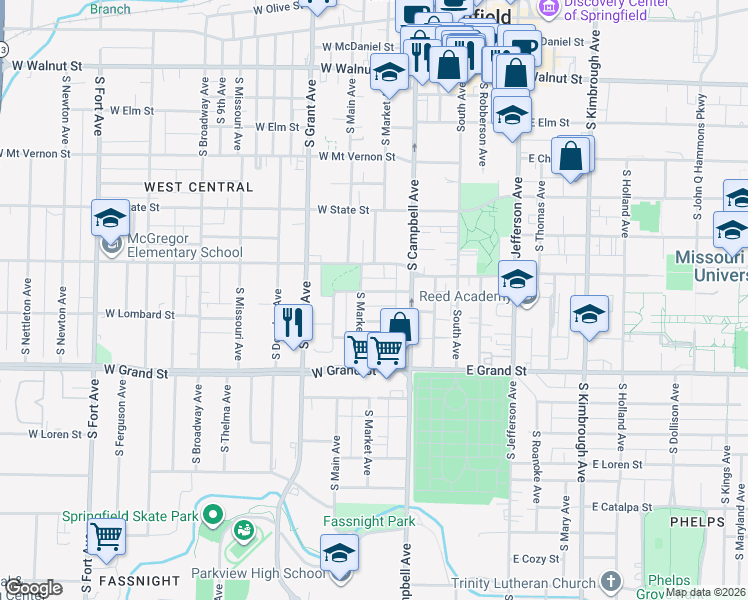 map of restaurants, bars, coffee shops, grocery stores, and more near 423 West Page Street in Springfield