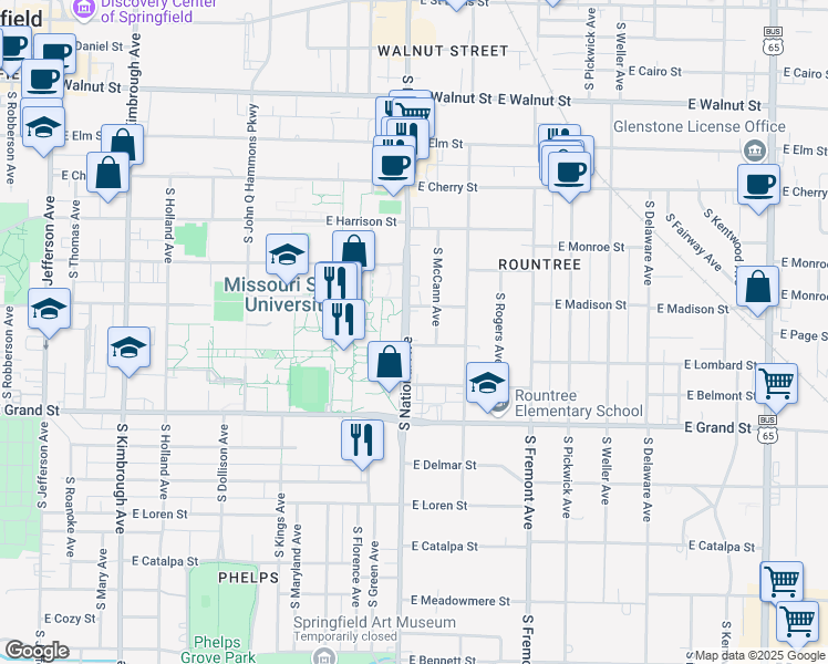 map of restaurants, bars, coffee shops, grocery stores, and more near 800 South National Avenue in Springfield