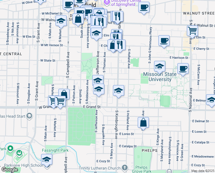 map of restaurants, bars, coffee shops, grocery stores, and more near 500 South Roanoke Avenue in Springfield