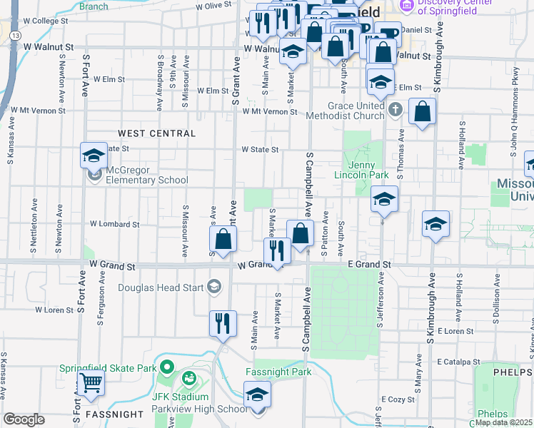 map of restaurants, bars, coffee shops, grocery stores, and more near 453 West Page Street in Springfield