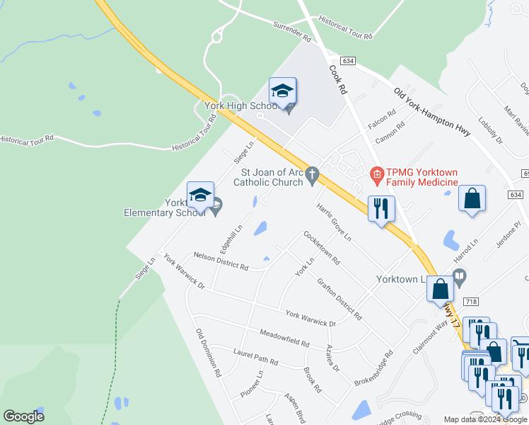 map of restaurants, bars, coffee shops, grocery stores, and more near 110 Perdue Court in Yorktown