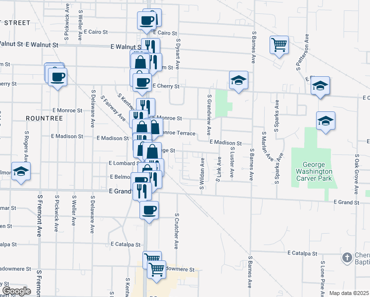 map of restaurants, bars, coffee shops, grocery stores, and more near 1901 East Page Street in Springfield