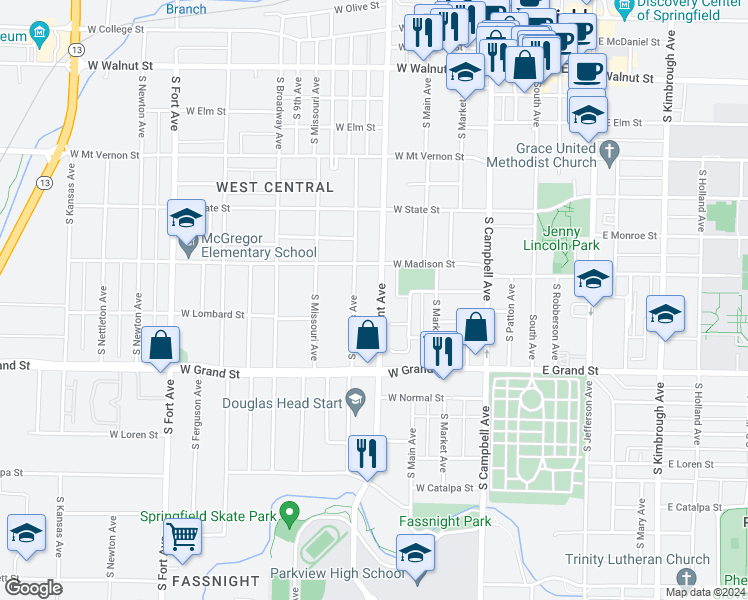 map of restaurants, bars, coffee shops, grocery stores, and more near 841 South Grant Avenue in Springfield