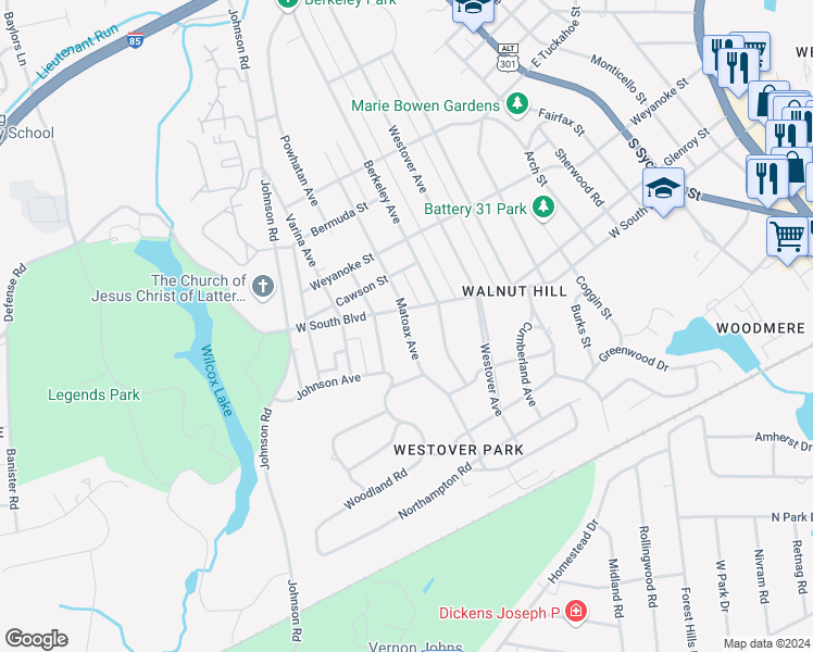 map of restaurants, bars, coffee shops, grocery stores, and more near 1917 Matoax Avenue in Petersburg