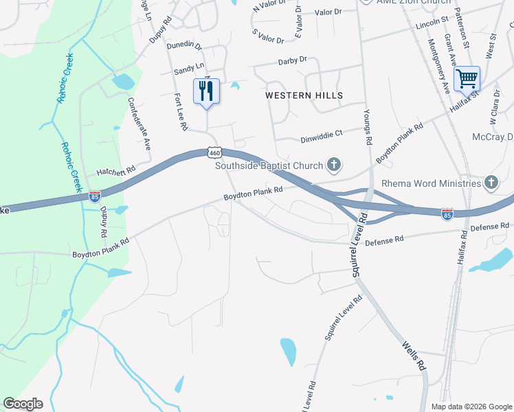 map of restaurants, bars, coffee shops, grocery stores, and more near 2528 Parkview Avenue in Petersburg