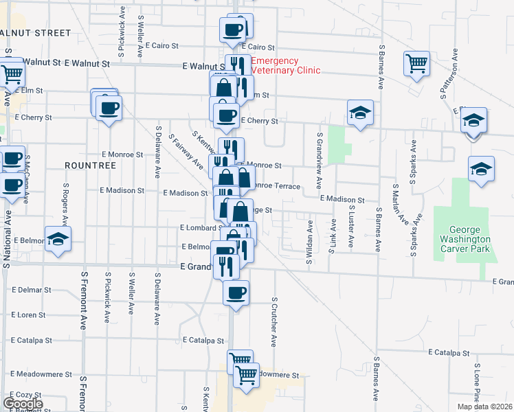 map of restaurants, bars, coffee shops, grocery stores, and more near 1820 East Monroe Terrace in Springfield