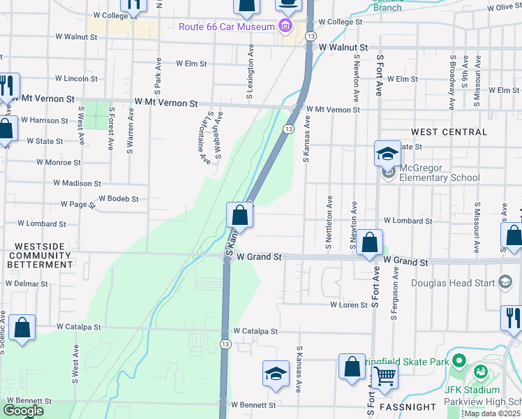 map of restaurants, bars, coffee shops, grocery stores, and more near 1725 West Lombard Street in Springfield