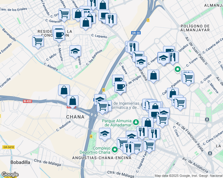 map of restaurants, bars, coffee shops, grocery stores, and more near 14 Calle Periodista Luis Seco de Lucena in Granada