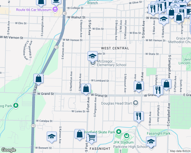 map of restaurants, bars, coffee shops, grocery stores, and more near 841 South Ferguson Avenue in Springfield
