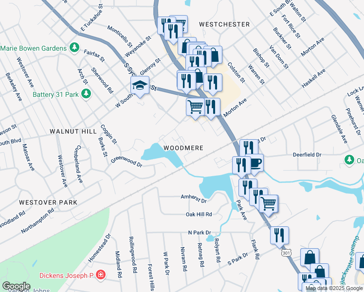 map of restaurants, bars, coffee shops, grocery stores, and more near 1 Woodmere Drive in Petersburg